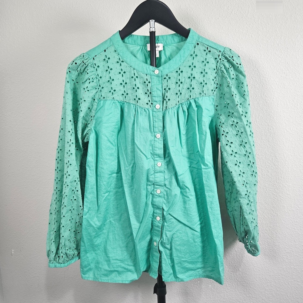 J.Crew Eyelet Yoke Blouse Women S Teal Green Cotton Button Down Cottagecore
